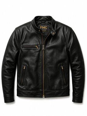 FMC Black Leather Cafe Racer Motorcycle Jacket Mens Medium 42 Chest